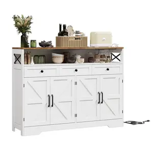 Modern Farmhouse Coffee Bar Sideboard Buffet Cabinet with Charging Station – 51" Storage Shelf, Drawers, Doors, Adjustable Shelves, Power Outlets, for Kitchen, Dining or Living Room