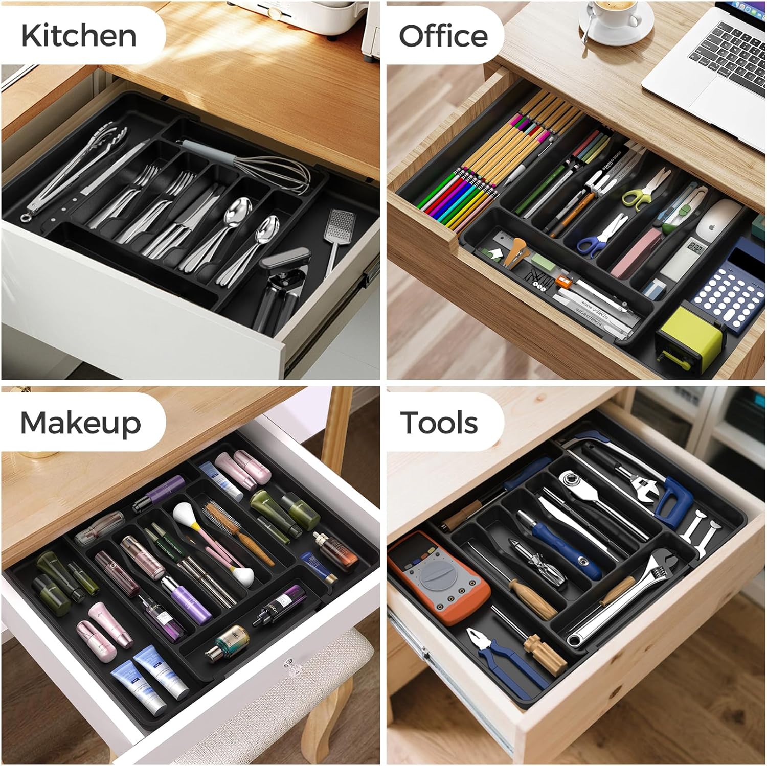 Extra Large Expandable Silverware Organizer, BPA-Free Food-Safe Cutlery Flatware Organizer, Kitchen Utensil Drawer Organizer, Adjustable Silverware Holder for Spoons Forks Knives, Black