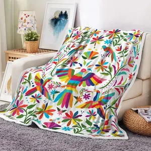 Mexico Floral Throw Blankets, Traditional Mexican Bluebird Otomi Style Bright Pattern Cozy Warm Bed Couch Blanket, Paisley Flowers Ethnic Color White Fleece Flannel Throws Decorate Room and Bedroom