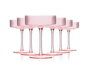 Vintage Art Deco 9 oz Pink Martini Glasses Set of 6 Ribbed Coupe Glasses for Espresso Martini Champagne Cosmopolitan Manhattan Cocktail Drinkware - Traditional
