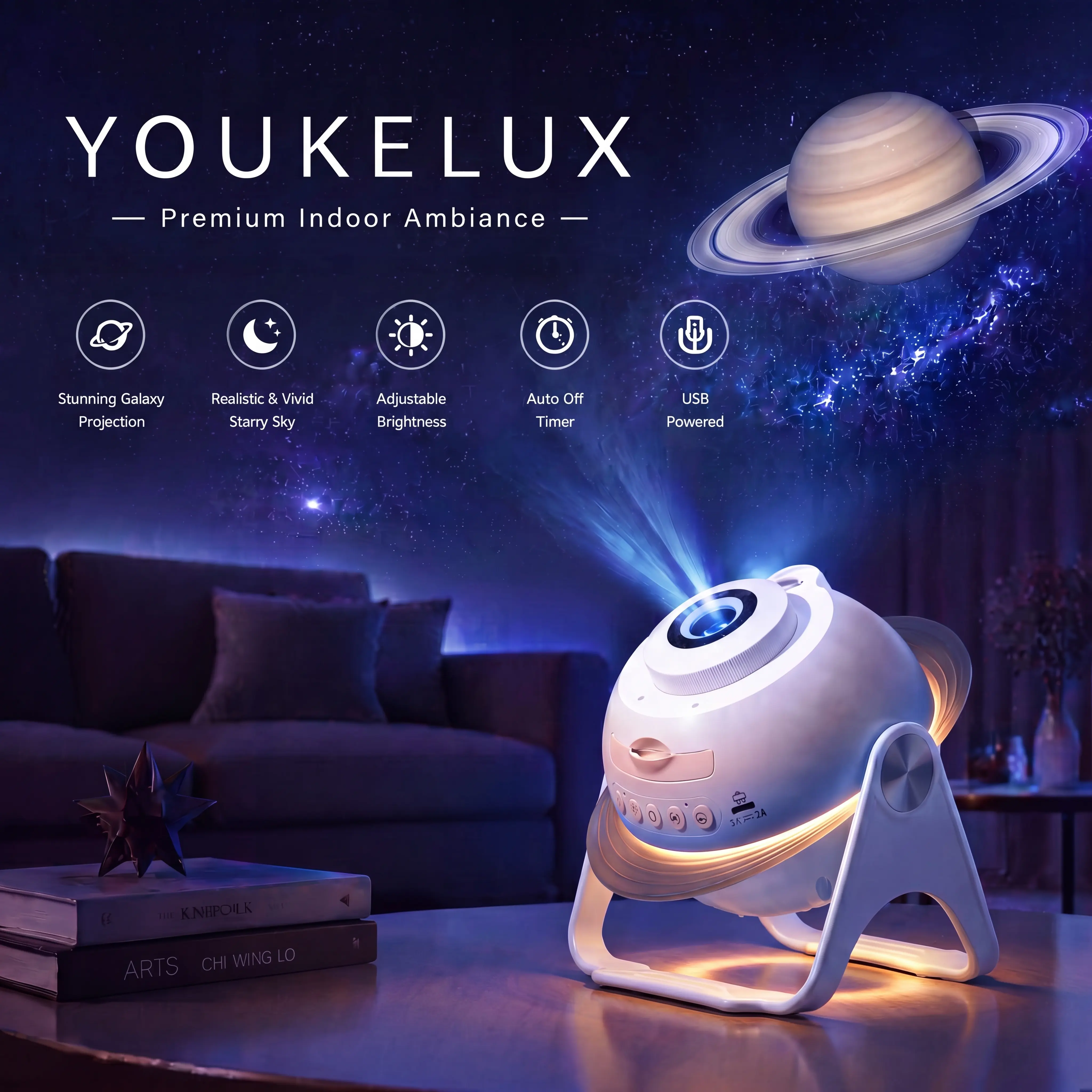 YOUKELUX Rechargeable Galaxy Projector with Bluetooth Speaker & 20 White Noise Music for Bedroom,Auto Timer,13 Films,Moving Meteor,Remote Control,Night Light Star Projector