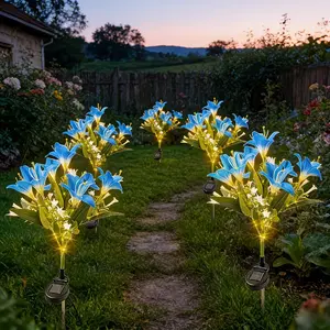 LED Solar Outdoor Lawn Light, Blue Lily Lamp, 7 Heads, Garden Gift for Mom, Warm Outdoor Lamp, Outdoor Decoration Light, Yard, Patio, Thanksgiving Wedding Valentine Decor, Solar Garden Lights