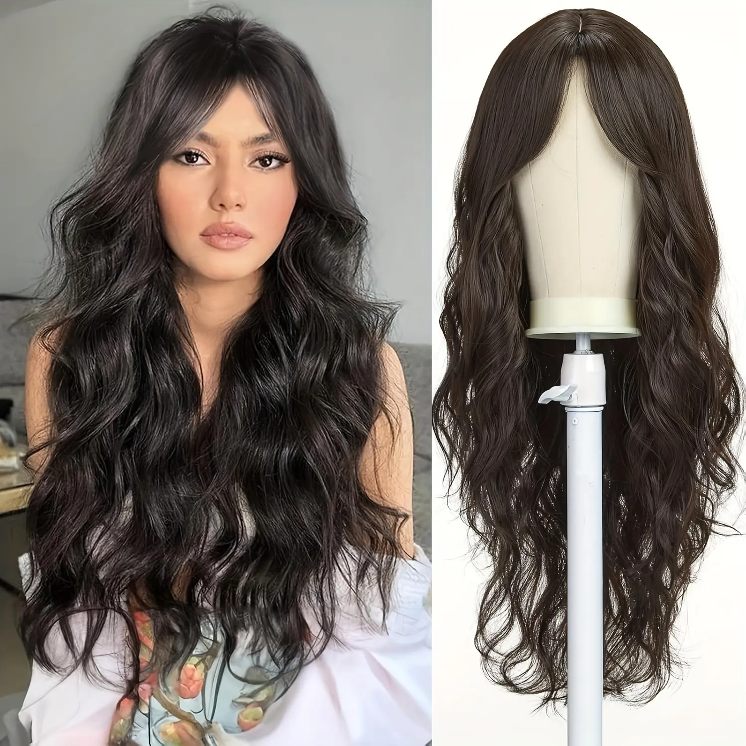 [Heat Resistant Wig] 24 Inches Dark Brown Heat Resistant Wig - Brunette Wigs For Women - Natural Long Wavy Synthetic Hair For Daily Party Cosplay Use