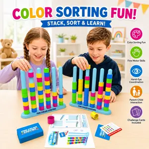 Color Sorting Stacking Challenge Game, Fast Pattern Matching Puzzle Toy, 2 Stack Racks, 50 Cards, 80 Rings, Stem Learning Gift