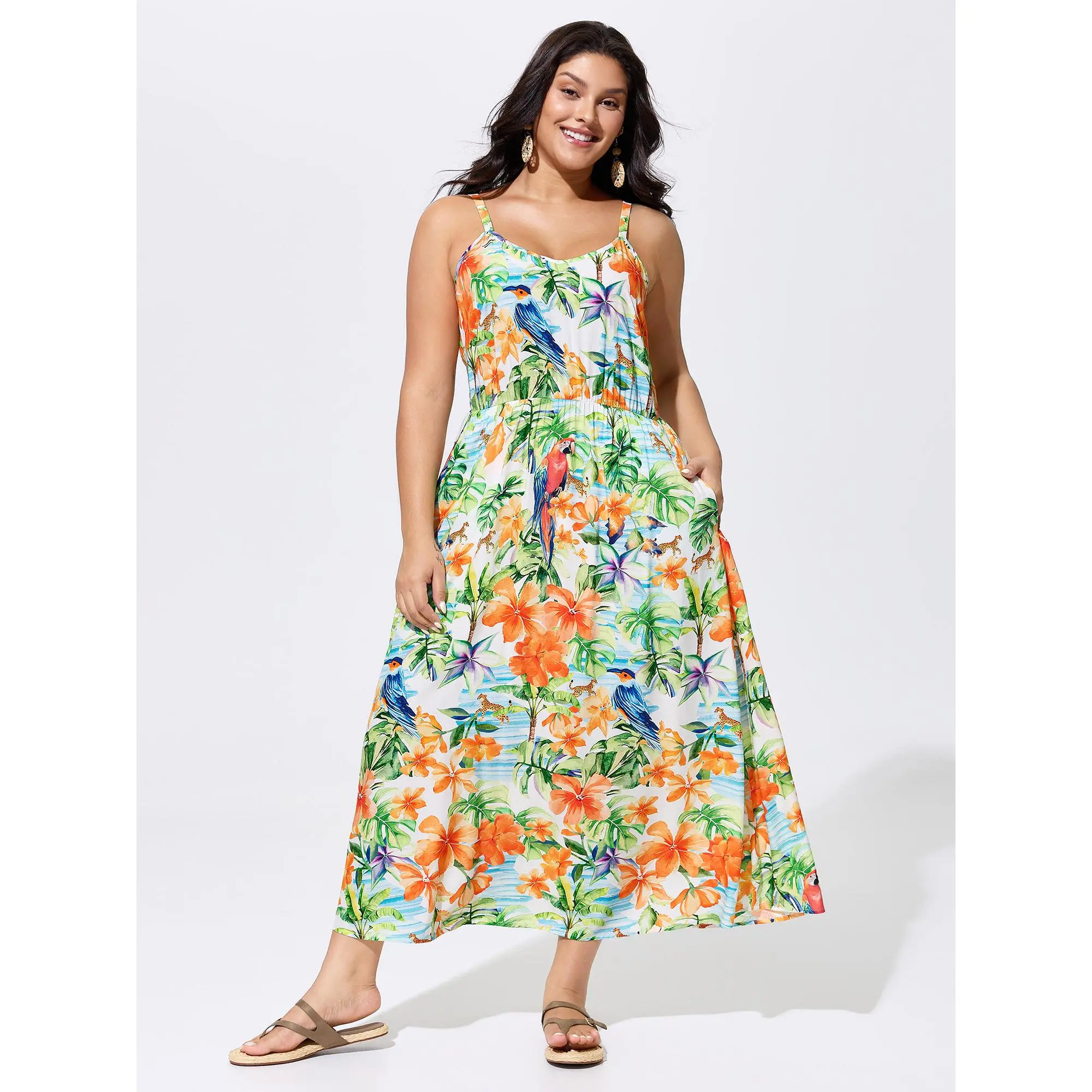 BloomChic Women's Plus Size Bohemian Tropical Print Flowy Cami Maxi Dress, Sleeveless Rayon Garment for Casual Summer Wear, Fabric, Fit, Maxi Dress For Women, Cami Neck, Multicolor, Lady, Tropical Dress