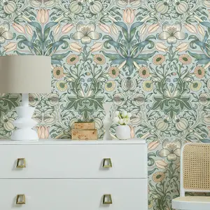 William Morris Peel and Stick Wallpaper 17.3"x118" Pink Blue Lily Pomegranate Flower Wallpaper Floral Self Adhesive Waterproof Contact Paper for Living Room Bedroom Cabinets Drawers Decor