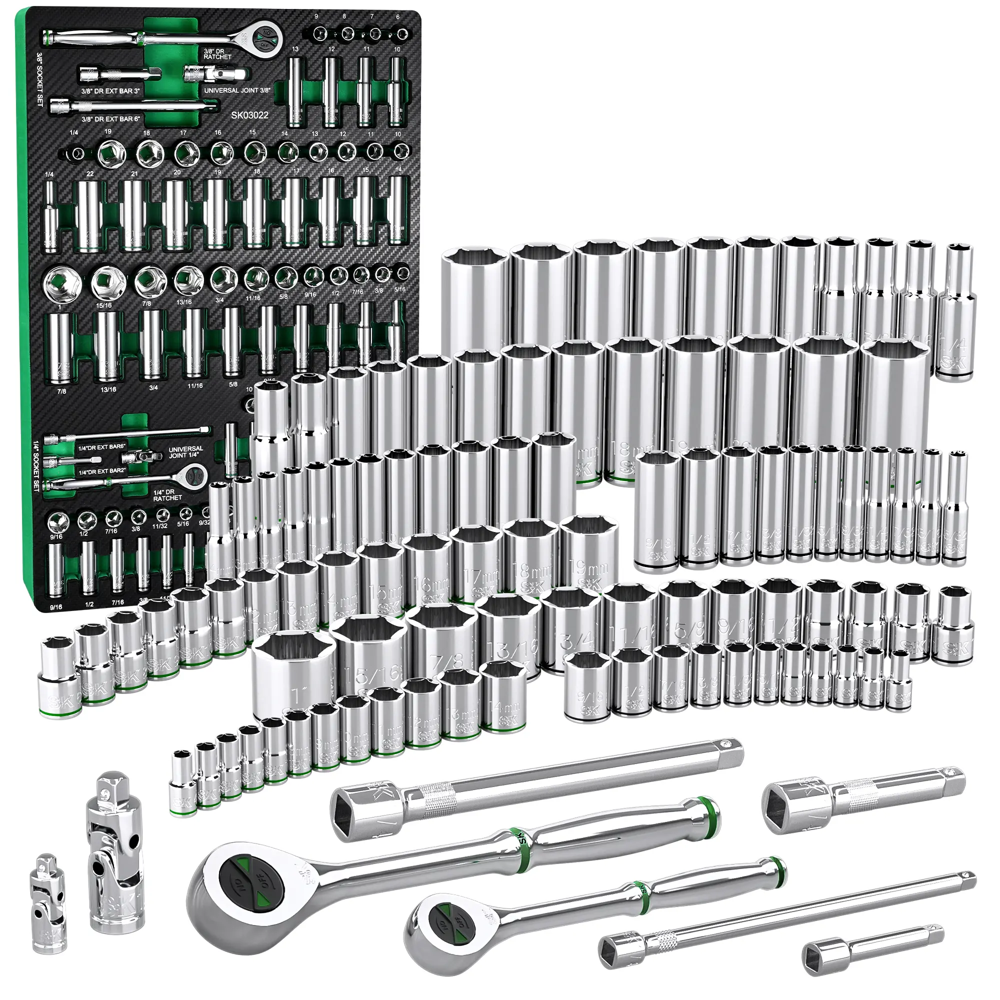#summersale SK 1/4" & 3/8" Drive Socket Set with 160-P Ratchet, 105-Pack, SAE & Metric, SuperKrome Finish, Premium CR-V Construction, with EVA Foam Tool Organizer