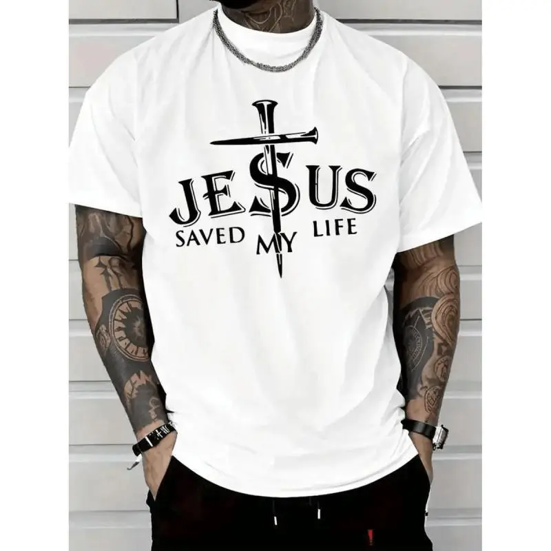 [100% Cotton] mens saved my life graphic t shirt 100 cotton relaxed fit casual short sleeve tee with cross print round neck machine washable for casual attire