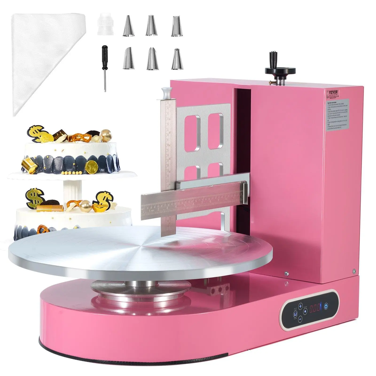 【DealsForYouDays】VEVOR Cake Decorating Machine,  Cake Cream Spreading Coating Smearing Machine, Low Noise Cake Frosting Machine, Turntable with Adjustable Scraper, for 4" to 16" Cake, 25-320RPM Rotating Speed, Pink