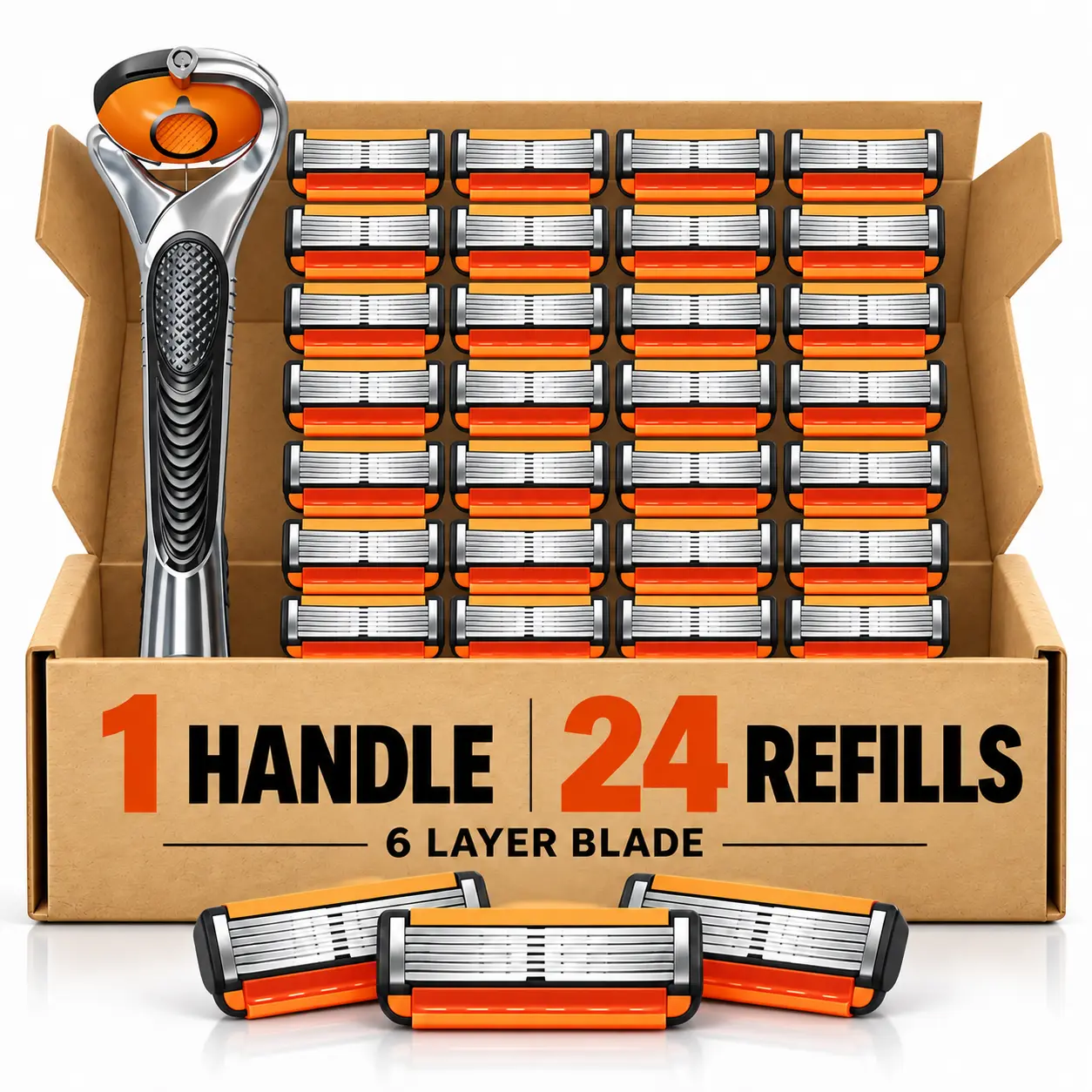 Men's European Style 6-Layer Progressive Blade Daily Manual Shaving Razor Set - Dual Lubrication Kit with 24/48 Refills or 48 Blades, 1 Anti-Slip Grip Anti-Cut Handle for Face/Head/Body, One Handle