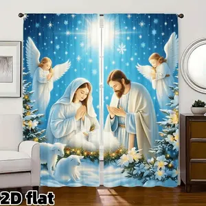 2D Flat 2Pcs Christmas Angel Print Curtains Starry Sky Background Semi Sunshade Rod Pocket Drapes Religious Holiday Theme Winter Decor Window Treatment Panels Living Room Bedroom Decoration Privacy Protection Home Decoration Curtain
