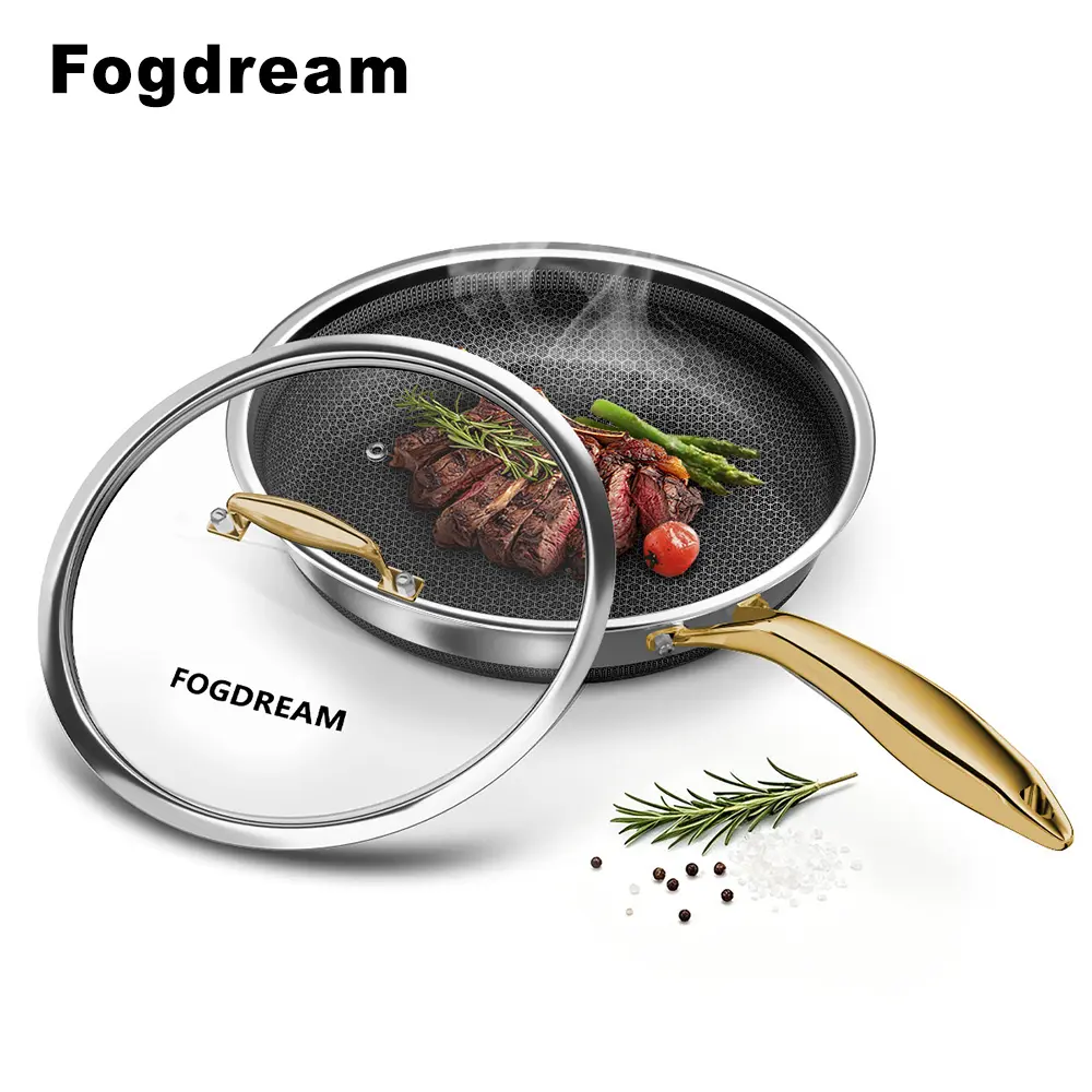 Fogdream 8-Inch Thick Stainless Steel Cookware Frying Pan with Glass Lid, Honeycomb Hybrid Nonstick Skillet for Stove & All Cooktops, PFAS/PFOA/PTFE-Free, Oven-Safe to 500°F, Oil-Saving, Stay-Cool Handle, Dishwasher-Safe, Gold, Metal, Aluminium