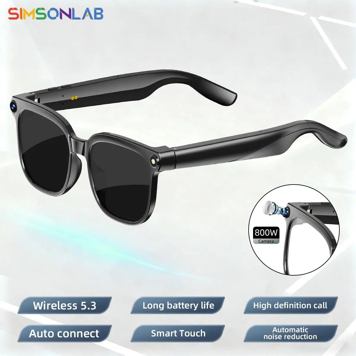 Smart glasses with camera, Camera Smart Sunglasses, 800W HD photo and video recording with light, IP65 water-resistant, customizable lenses, large capacity and long battery life, Voice assistant, wireless connection, real-time transla
