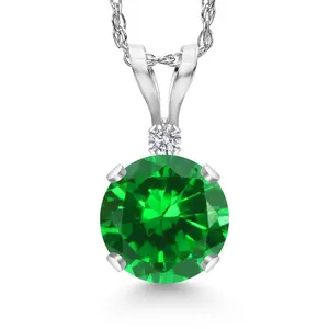 Gem Stone King 14K White Gold Green Created Emerald and Lab Grown Diamond Pendant Necklace for Women | 1.02 Cttw | Gemstone May Birthstone | Round 6MM | With 18 Inch Chain