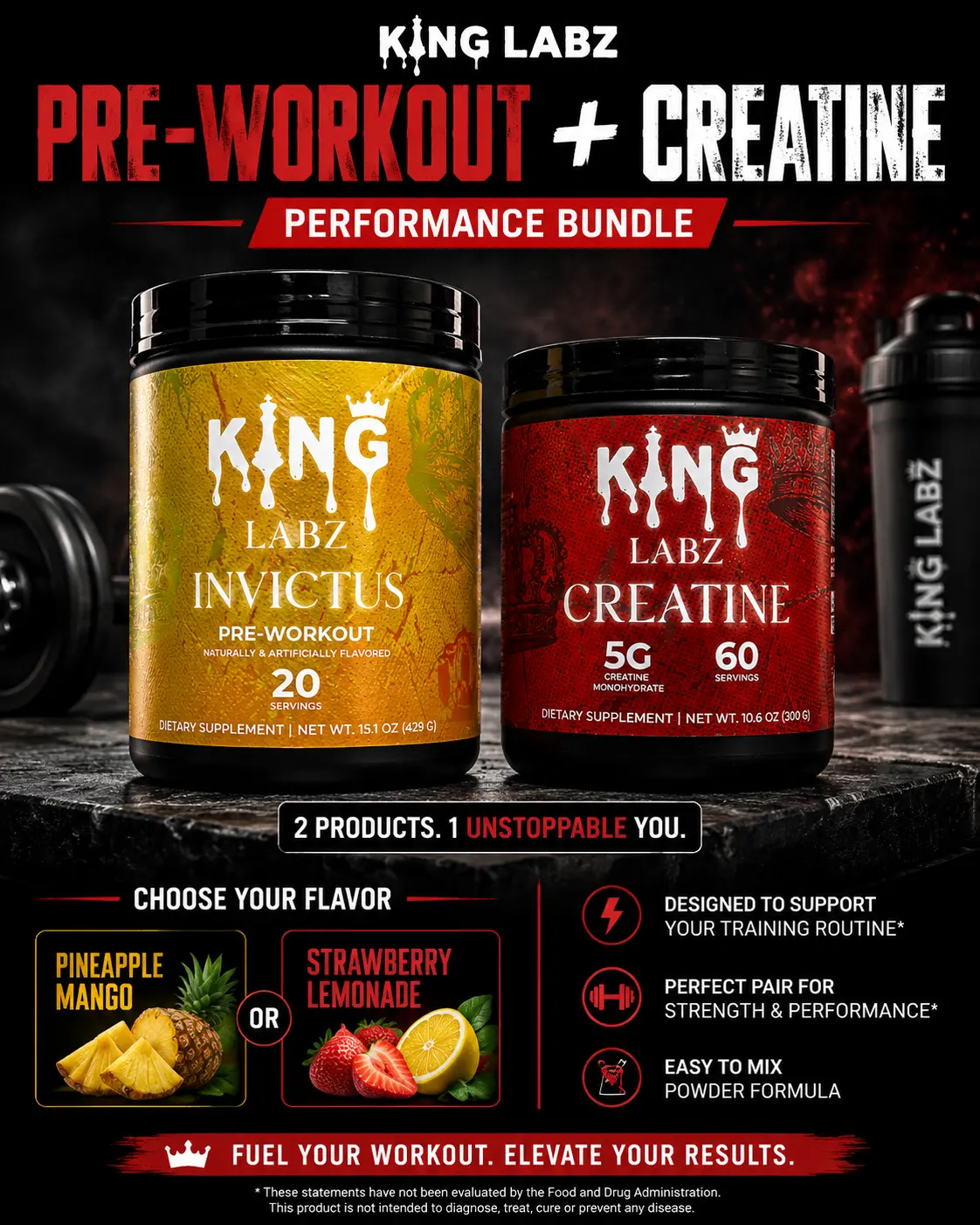 King Labz Performance Stack – Invictus Pre-Workout (20 Servings) + Creatine Monohydrate (60 Servings)