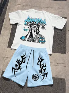 American Street Style Set, T-Shirt & Light Blue Pants, Graffiti Element, Punk Trend, Casual Fitted, Spring & Fall