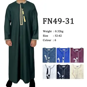 New In Stock Solid Color Round Neck Embroidered Thick Tassel Amman Robe Arab Saudi Men's Long Sleeve Robe