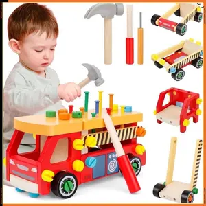 Wooden Fire Truck Toy Kids Tool Set for Boys, Wooden Toddler Tool Bench Montessori Toys for 2+Year Old, 62 Pcs Construction Educational Pretend Play for Age 2-5 Birthday Gift STEM Educational Toys