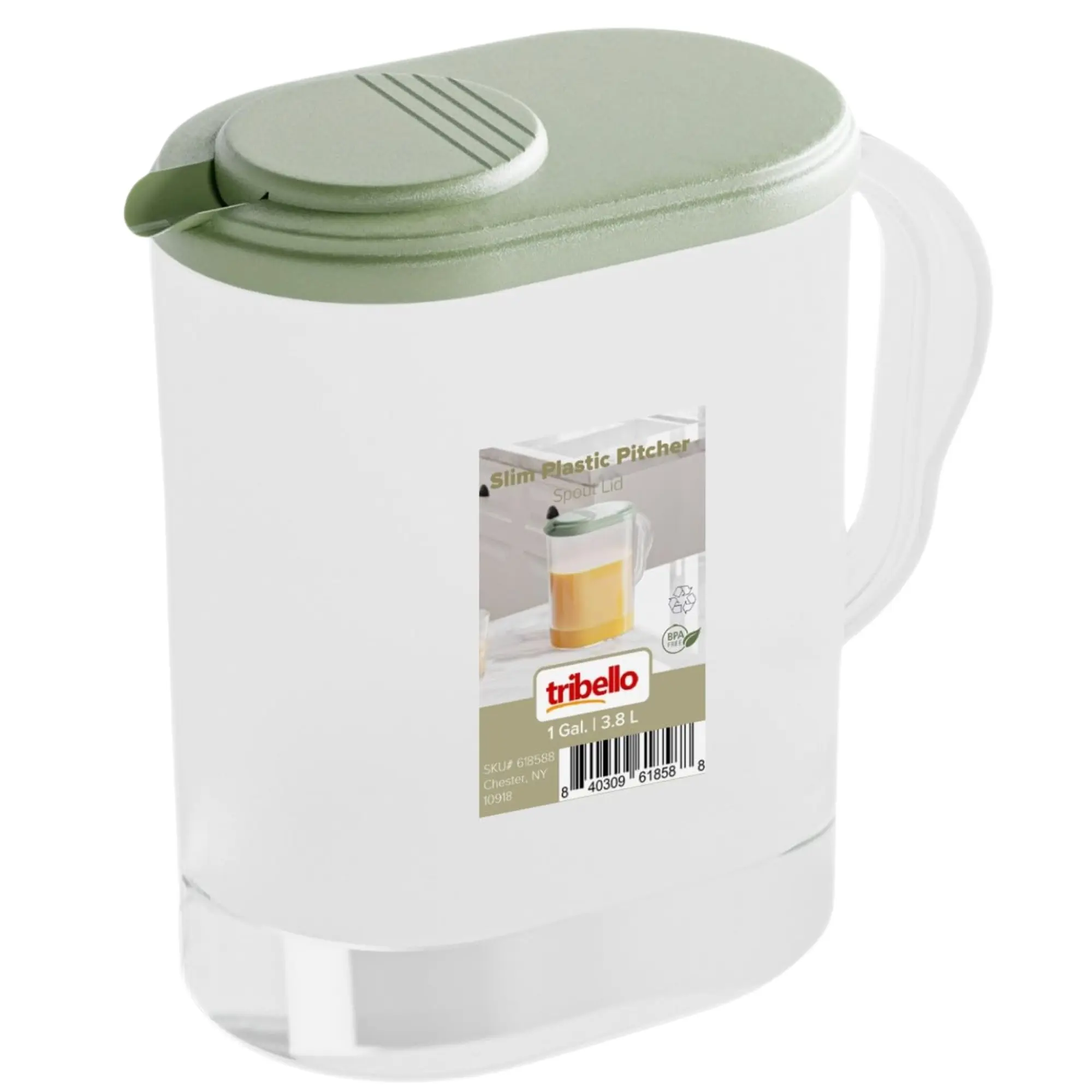 Tribello 1-Gallon Slim Plastic Pitcher with Lid – Clear Water Jug with Pivot-Top Spout, Iced Tea Pitcher for Fridge, Dishwasher/Freezer Safe, BPA & Phthalate Free Sage Green Kitchen Drinkware