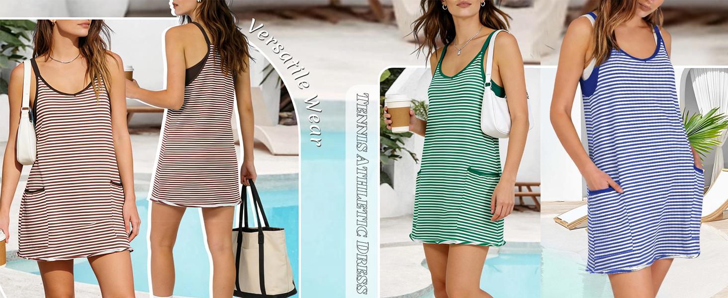 SCUSTY Women's Summer Sleeveless Striped Mini Dress with Built-in Shorts V Neck Spaghetti Straps Athletic Shorts Tennis Dress with Pockets