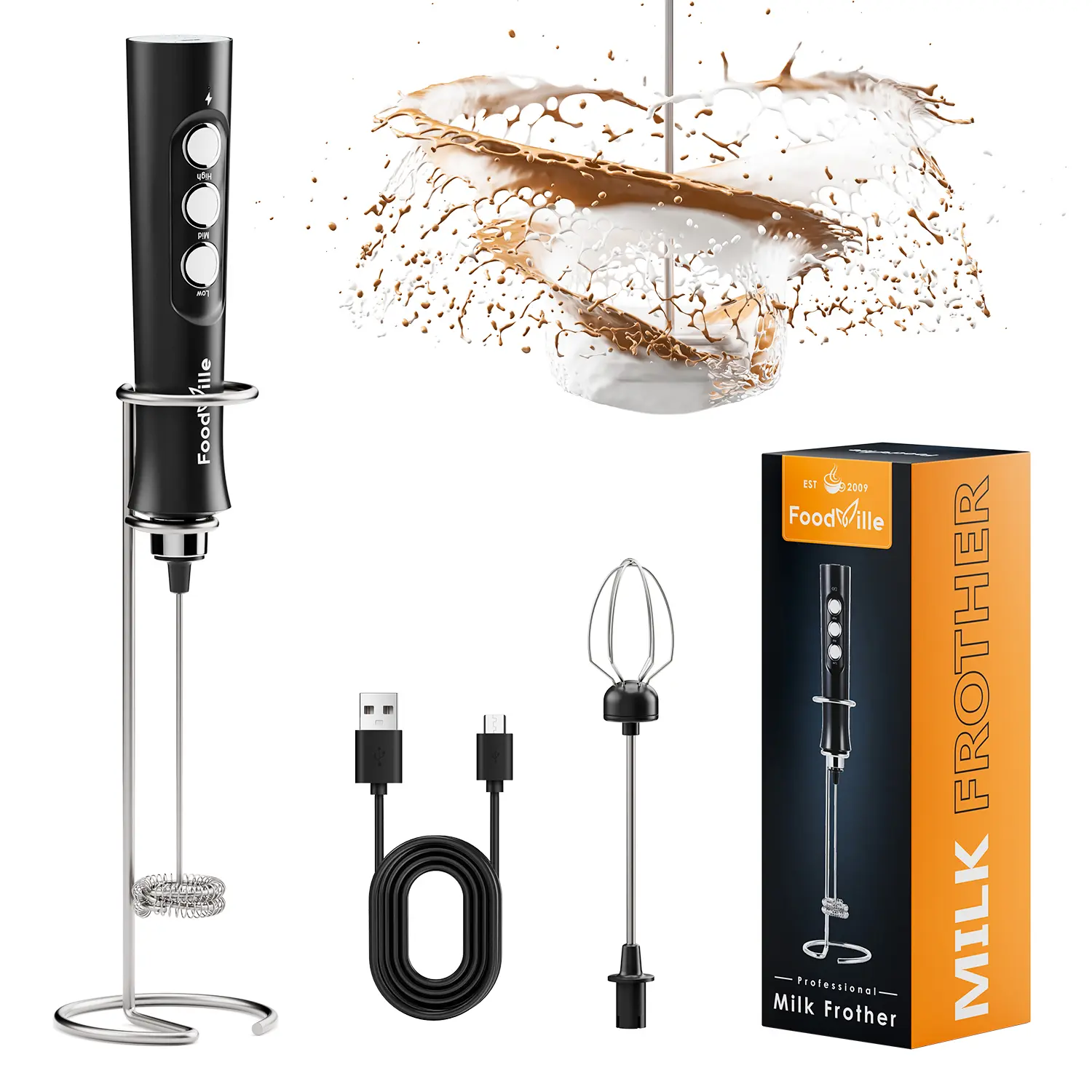 FoodVille MF02 New Multi-Speed Cordless Rechargeable Handheld Milk Frother with Stainless Steel Double-Layer Whisk for Home Cooks, On-the-Go Coffee Drinks