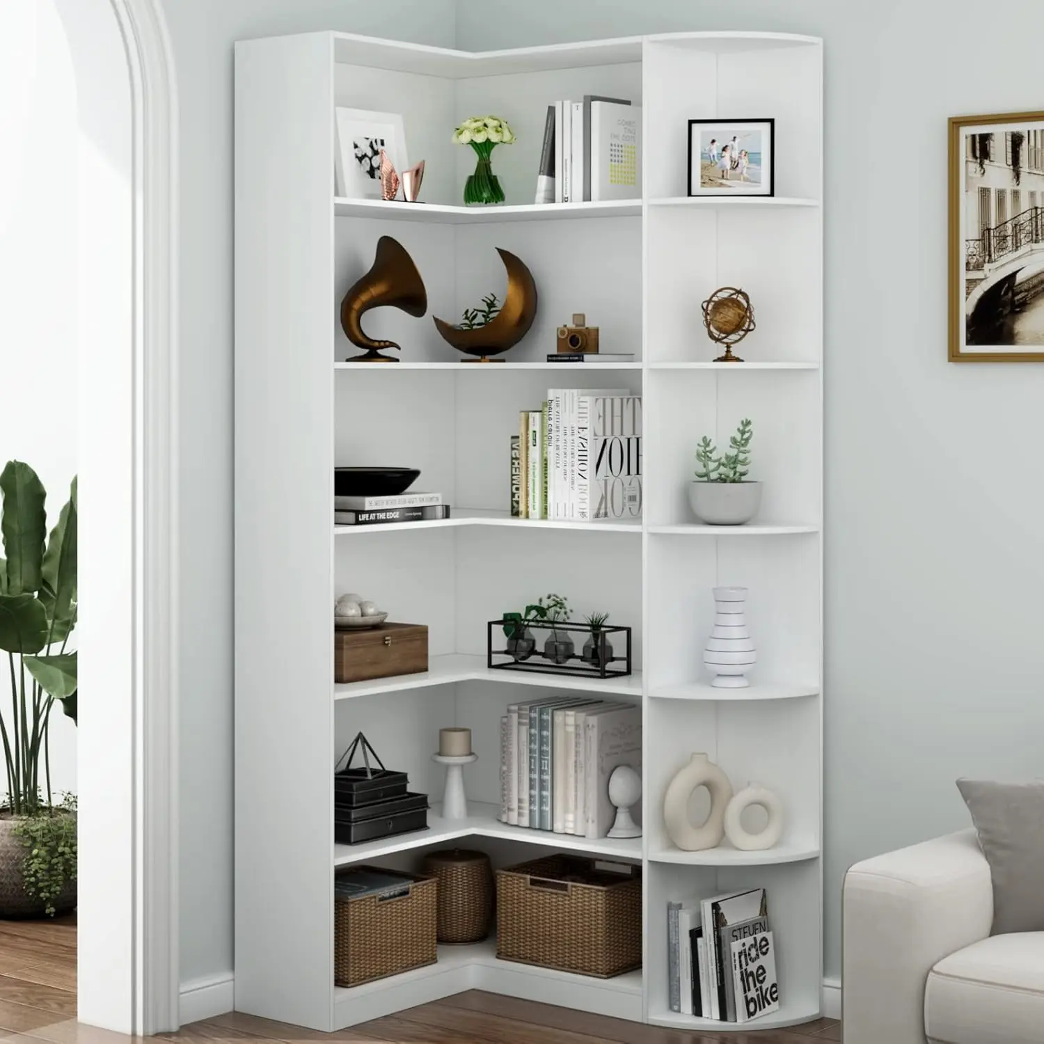 Gyfimoie 6-TiersBookshelves,Tall Shelf Large Tall Corner Etagere Bookcase with Full Baffle, L-Shaped Modern Storage Display Industrial Book Shelf