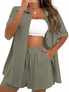Women's Casual Basic Solid Color Collared Short Sleeve Loungewear Set, Loose Fit Breathable Comfort Stretch Fabric, Ideal for Daily Wear at Home