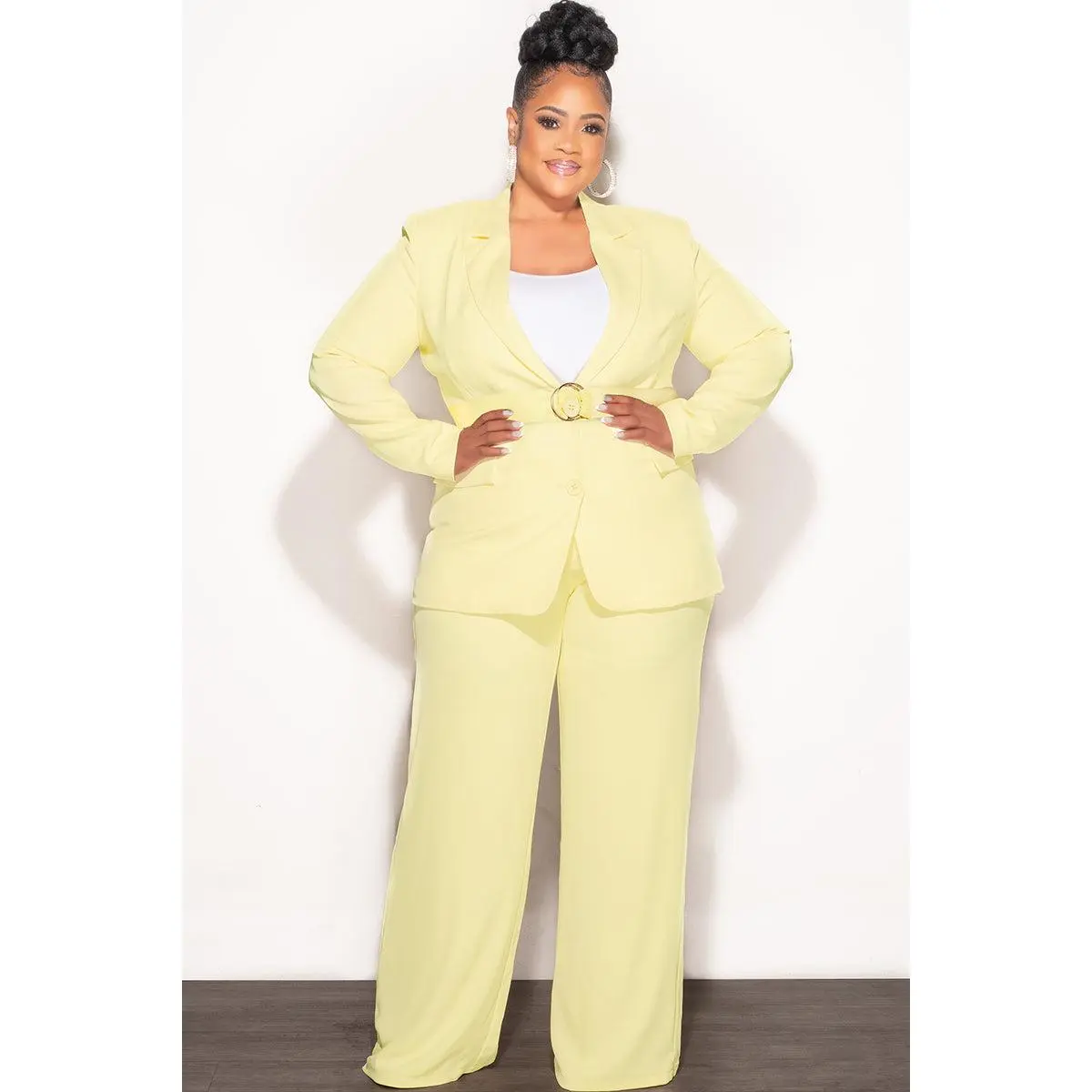 Final Sale Plus Size Belted Blazer Suit 2pc Set in Soft Yellow