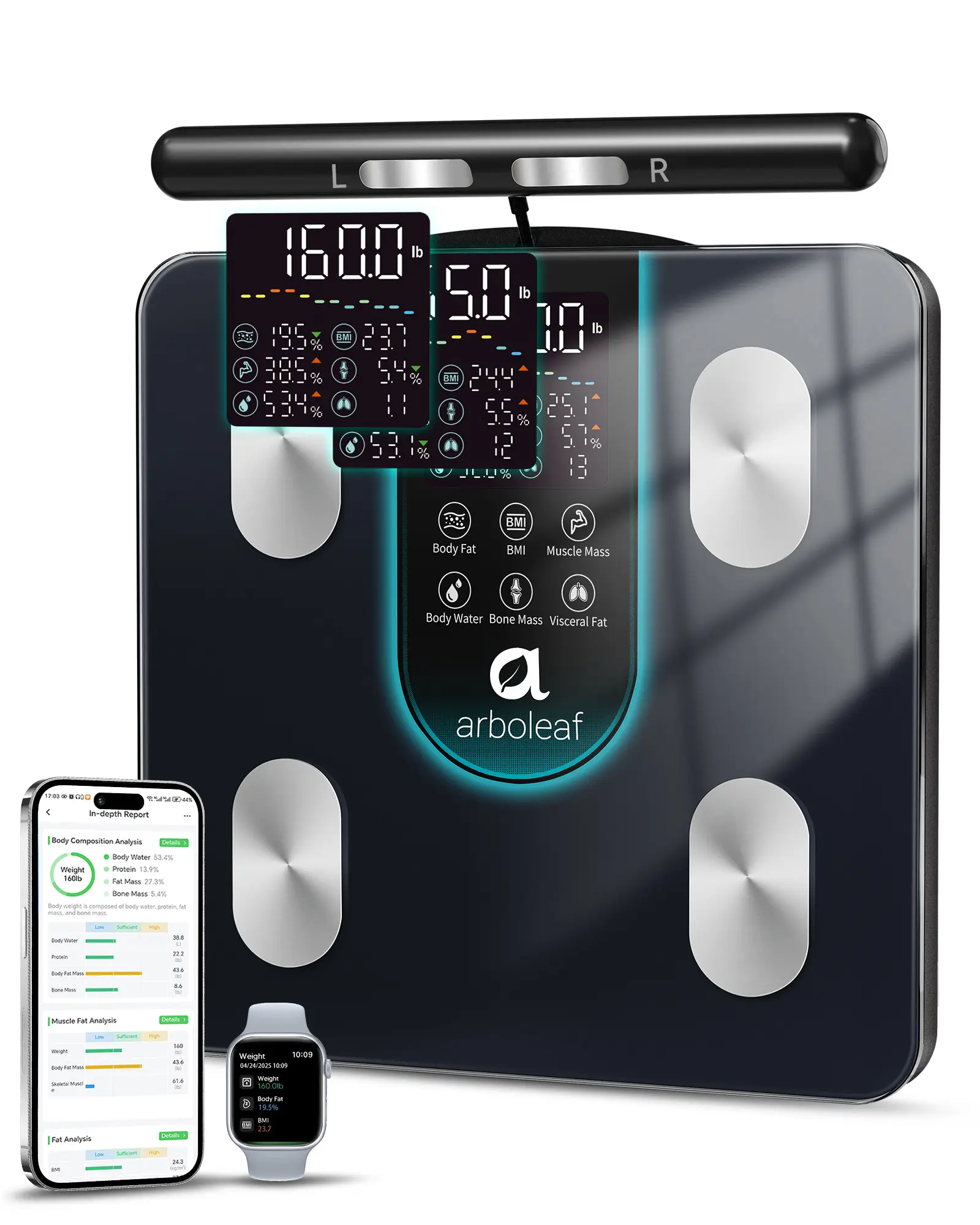 arboleaf 8-Electrode Dual-Frequency BIA Bathroom Scale, Smart Scale with 7-in-1 Display for BMI Body Fat Muscle Mass, Segmental Full Body Composition Analyzer, 50+ Metrics in App