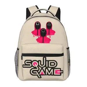 Squid Game all-over print large-capacity backpack with multiple pockets—ideal for business trips, camping, college, and casual cartoon merch; laptop backpack, gift for women, men, and kids