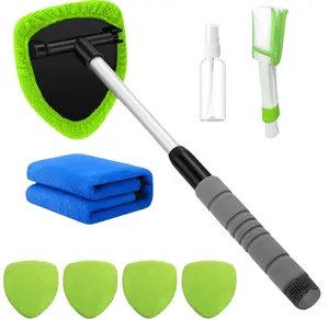 8PCS Car Window Cleaner Kit with Extendable Handle – Includes 4 Microfiber Pads, Detailing Brush, Empty Spray Bottle & Microfiber Towel