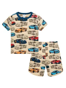 Boys' Cartoon Racing Car Two-Piece Set, Short Sleeve Shorts, Milk Silk Fireproof Fabric, Summer Sleepwear, Soft Breathable Comfort, Pajamas