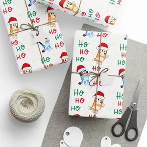 Bluey Ho Ho Ho Christmas Wrapping Paper, Red And Green Kids Gift Wrap For Holidays, Santa Hats And Snow Dots Gift Wrap
