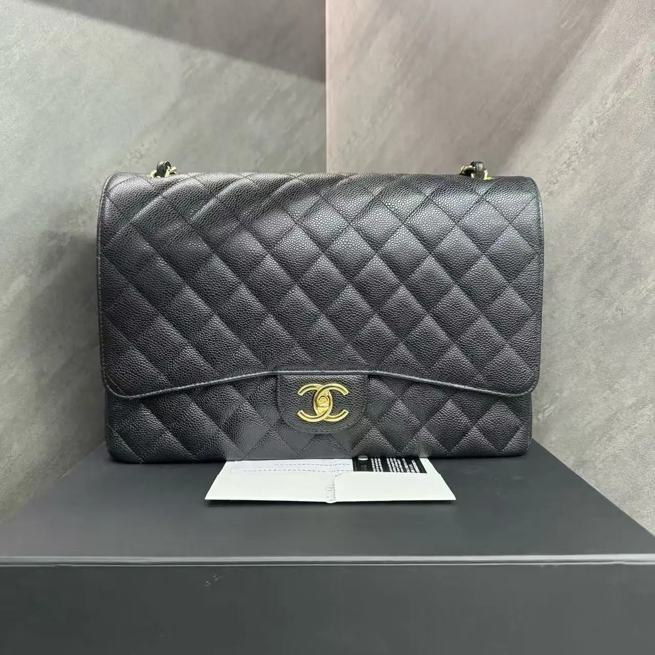 Pre-owned CHANEL Black Quilted Caviar Leather Classic Jumbo Bag SN28 fullset