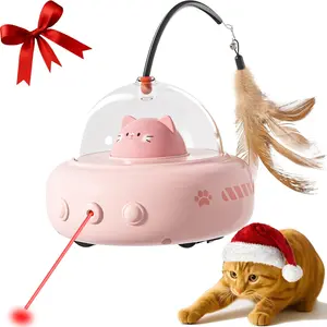 2-in-1 Automatic Smart Sensor Cat Toy - Tropical Panda Hooroor UFO Design, Laser Pointer with Feather, 360° Obstacle Avoidance, USB-C Rechargeable, Gentle Breathing Light for Indoor Cats