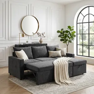 HIPIHOM Multifunctional Pull-Out Sofa Bed with Hidden Storage Chaise - Minimalist Wear-Resistant Matte Velvet Sectional Sleeper, Sturdy Steel Frame, Quiet Wheels, Plump Cushions, Sofas Living Room, Furniture for Apartment, Studio Apartment Furniture