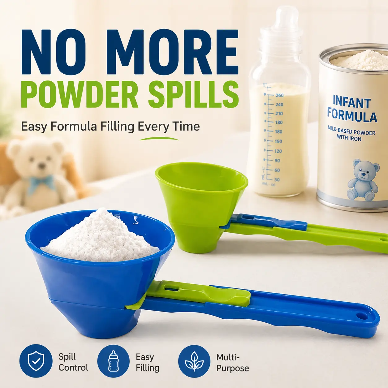 2PCS  Baby Formula Funnel Scoop with Slide Control, Mess-Free Powder Dispenser Spoon for Baby Bottles, Portable Measuring Scoop for Formula, Protein Powder & Coffee