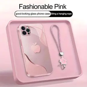 Luxury Faux Brushed Metal Texture Phone Case with Flower Lanyard | Glossy Glass Feel 2D Printed Cover | for [iPhone 12 Pro Max] 952