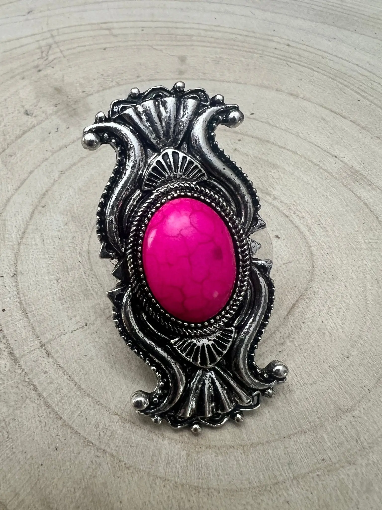 Western Concho Adjustable Ring with Faux Pink Stone — Everyday Southwestern Hand Statement