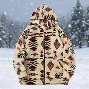 Men's Ethnic Print Hooded Fleece Jacket - Menswear Top, Long Sleeve, Chic Vintage Fashion Design, Plush Soft Skin-Friendly Fabric, Zipper Closure, Relaxed Fit