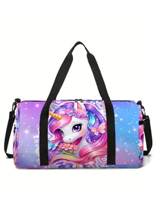 Large-capacity travel luggage bag with unicorn and pony pattern print, portable hand-held storage bag