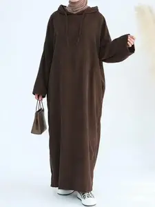 Women's Solid Drawstring Drop Shoulder Long Sleeve Hooded Kaftan Dress, Casual Pocket Long Sweatshirt Dress for Fall & Winter, Women's Islamic Clothing for Daily Wear, Classy Modest Dresses