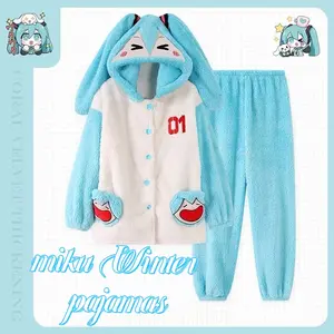 Hatsune Miku Pajamas Autumn And Winter New Japanese Hooded Coral Velvet Thickened Pajamas Cute Miku Home Clothes Gift For Girls