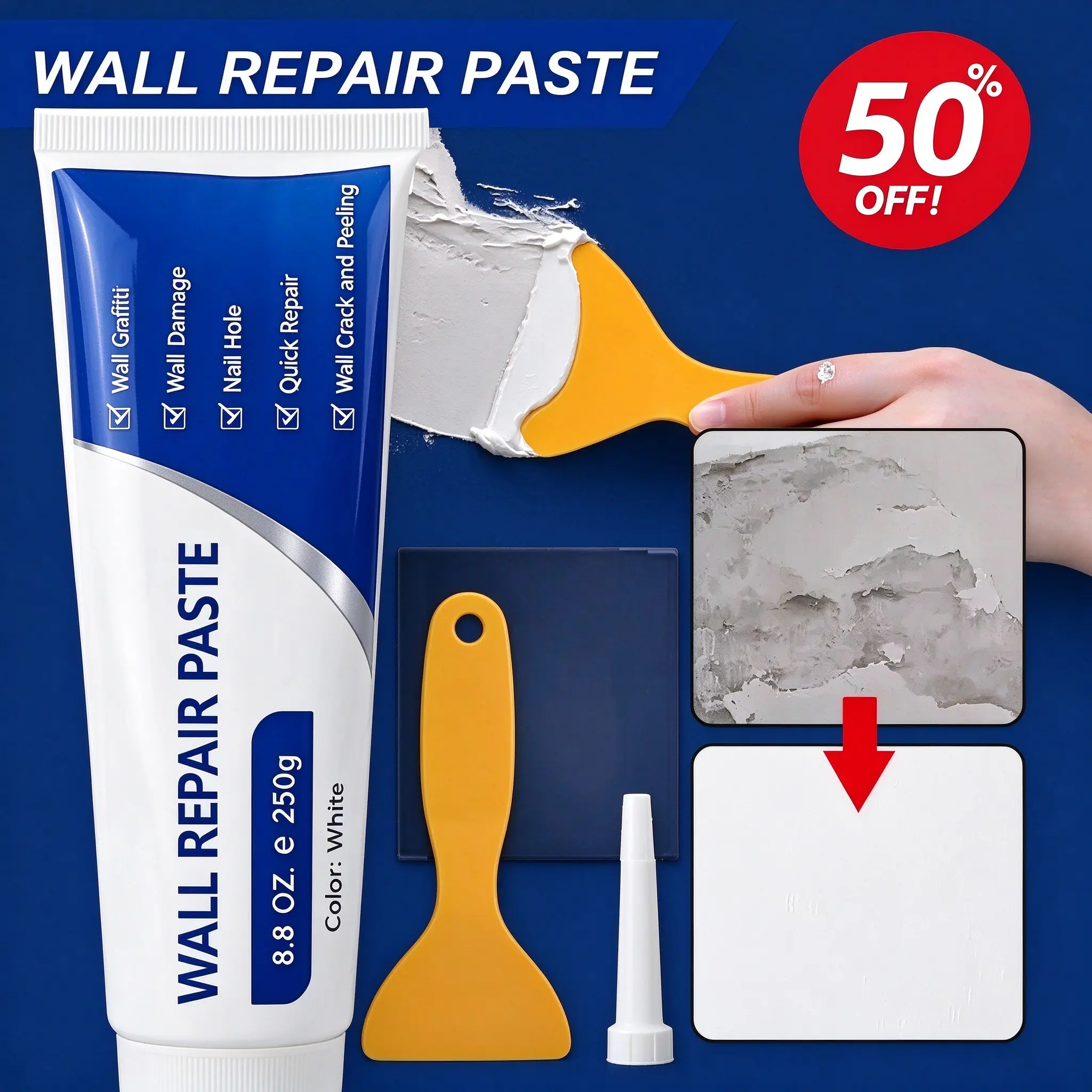 DIY Wall Repair Kit - 250g Odorless Wall Hole Filler, Easy to Use Drywall Patch for Home Improvement, Quick Solution for Cracks, Holes & Peeling Paint