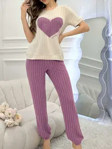 Women's 2-Piece Ribbed Elastic Polyester Blend Pyjamas Set - Lady's Casual Style Shortsleeve Graphic Heart Print Top, Long Pants, Machine Washable Sleepwear Loungewear for Summer