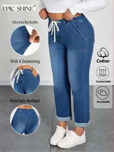 Women's Plus Size Rolled Hem Nine-Inch Pants, Drawstring Elastic Waist Straight Leg Denim Jeans, High Stretch Comfortable Casual Wear
