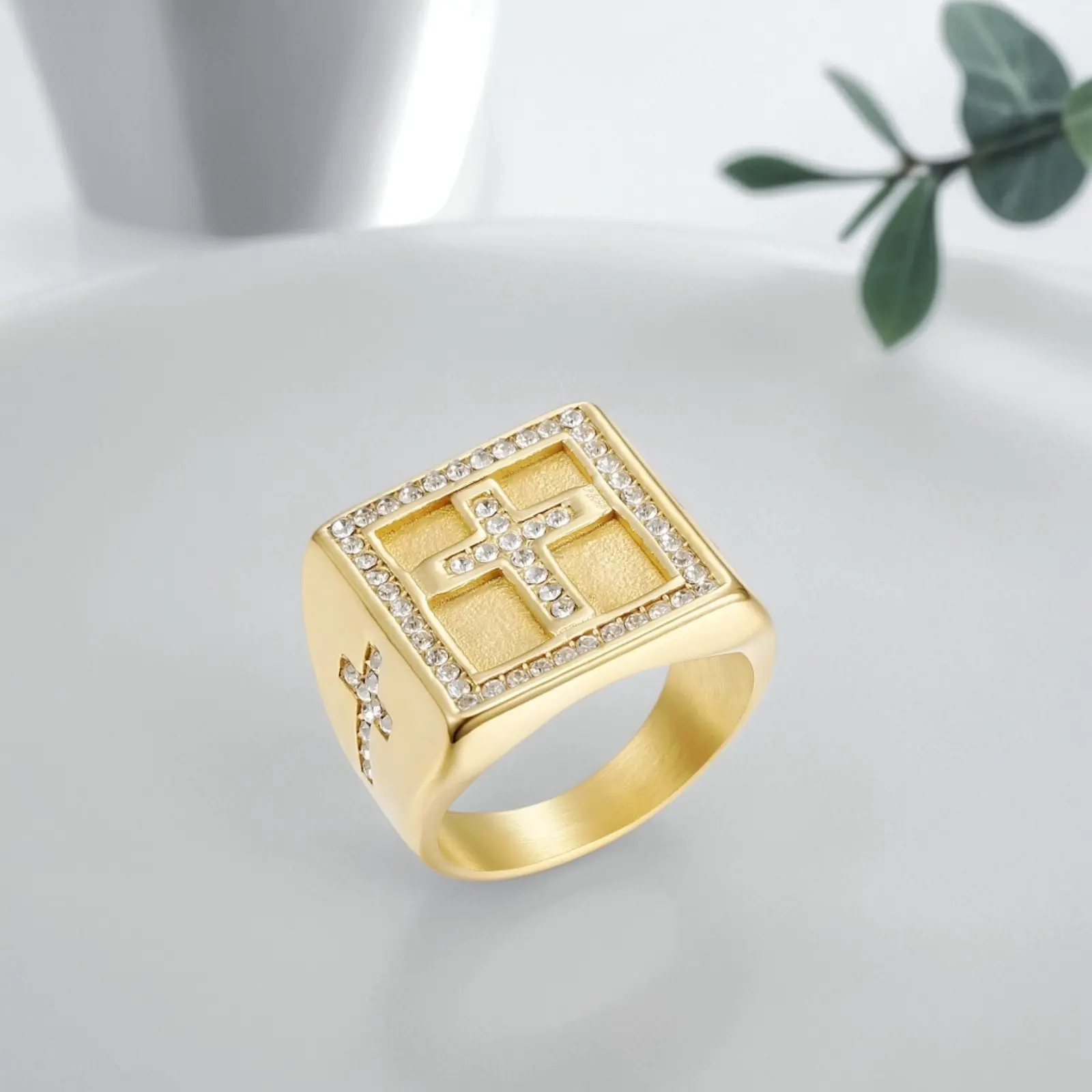 Gold Rings for Men, Chunky Hip-Hop Cross Motif Stainless Steel Band with Cubic Zirconia, Stackable for a Ring Stack