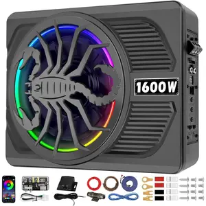 2026 Upgraded 1600W Slim Underseat Car Subwoofer and Amp Package RGB Beat Synced Light Individual Control Low Pass Gain Boost Bass Clean Deep Bass for Truck SUV Jeep