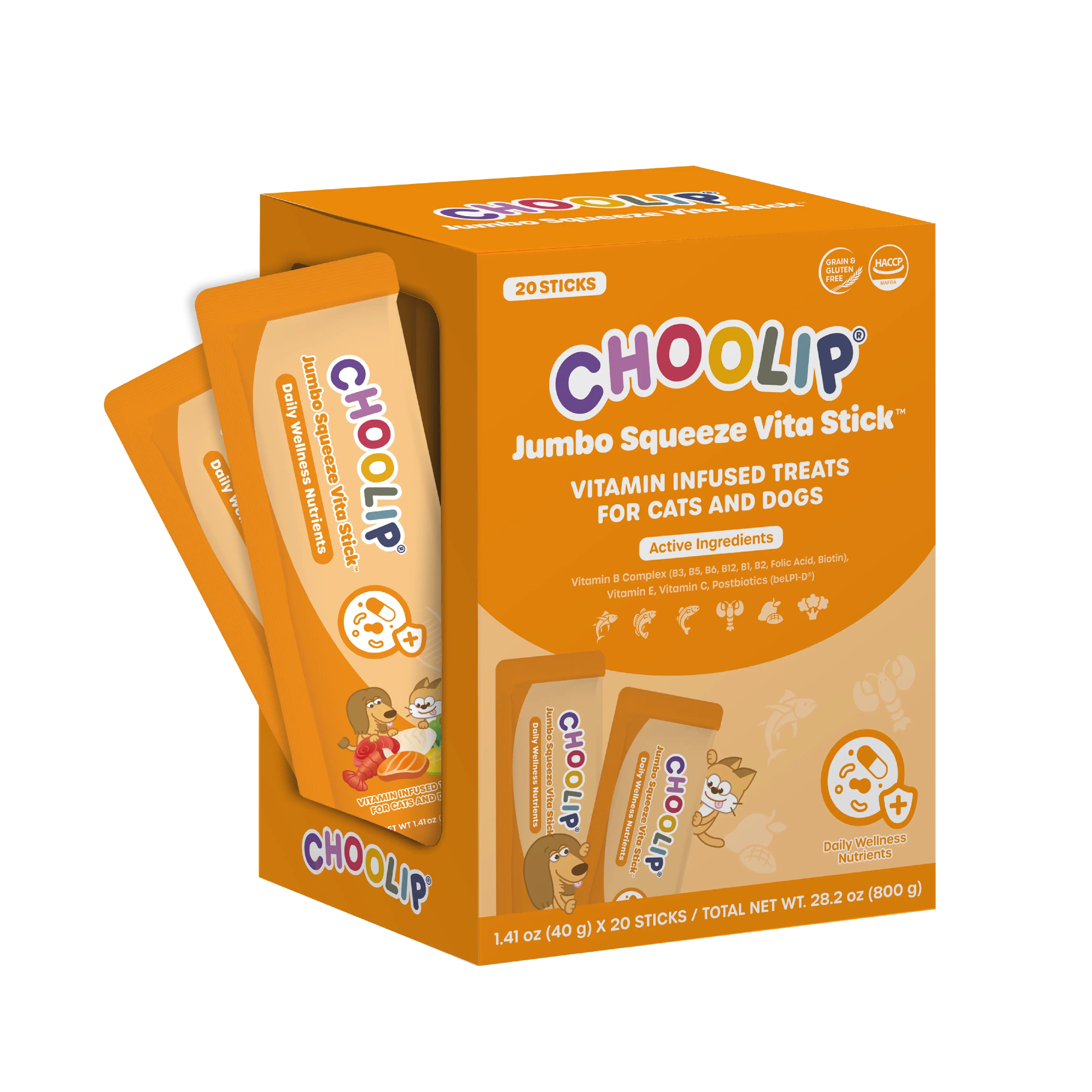 choolip Jumbo Squeeze Vita Stick Lickable Multivitamin for Dogs & Cats - All-in-1 Gut, Immunity & Energy Support (20 Squeeze Sticks) Daily Canine Wellness and Feline Nutrition for Kittens