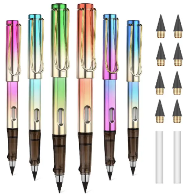 Infinity Pencil - 6PCS Reusable Inkless Magic Pencil Set with Extra Erasers and Replaceable Nibs